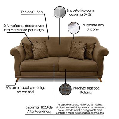 Sofá 3 Lugares Pé De Madeira Julieta 200 Cm Suede S04 - D'rossi Cor Caramelo