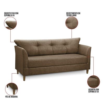 Sofá 3 Lugares Living Para Sala Leblon 180cm Linho E03 - D'rossi Cor Marrom Cacau