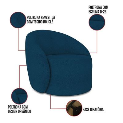 Sofá 4 Lugares Orgânico 220cm Morgan E Poltrona Lua Bouclê Azul D03 - D'rossi