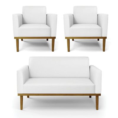 Sofá Namoradeira Com 2 Poltronas Base De Madeira Fixa Castanho Marisa Corino Branco