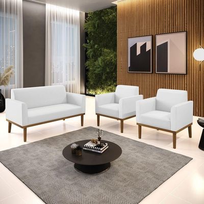 Sofá Namoradeira Com 2 Poltronas Base De Madeira Fixa Castanho Marisa Corino Branco