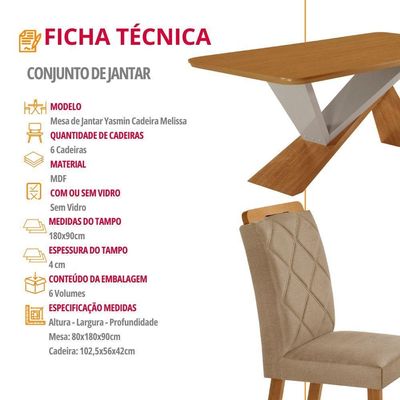 Mesa De Jantar Yasmin 180 Mdf Laminado E 6 Cadeiras Melissa Turim 07/naturale /off White