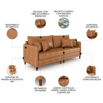 Sofá 2 Lugares Living 172cm Pé Madeira Zoe Sintético Camel Z08 - Mpozenato