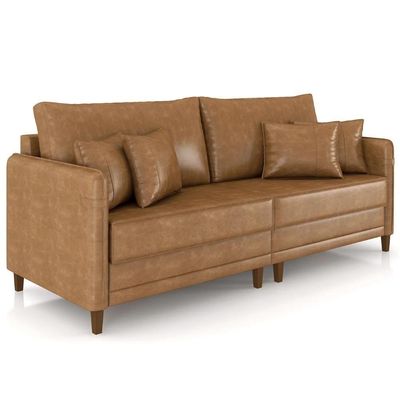 Sofá 3 Lugares Living 212cm Pé Madeira Zoe Sintético Camel Z08 - Mpozenato