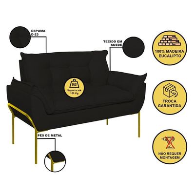 Sofá Namoradeira Base Metal Dourada Reforçada Tecido Suede Preto
