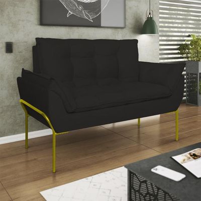 Sofá Namoradeira Base Metal Dourada Reforçada Tecido Suede Preto