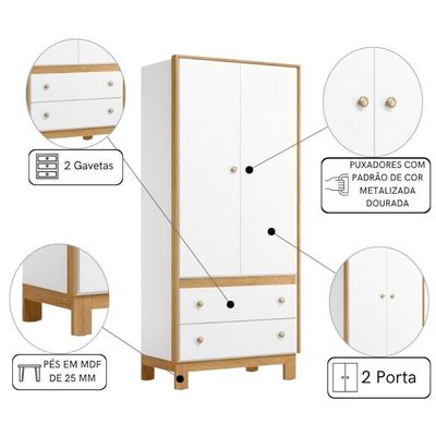 Roupeiro Infantil 2 Portas 2 Gavetas Branco