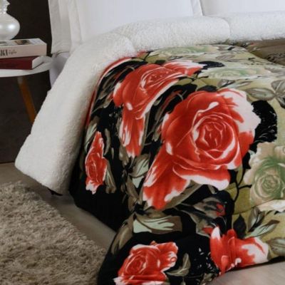 Edredom Coberdrom Sonobom Solteiro Sherpa E Manta - Floral Preto - 100% Poliéster