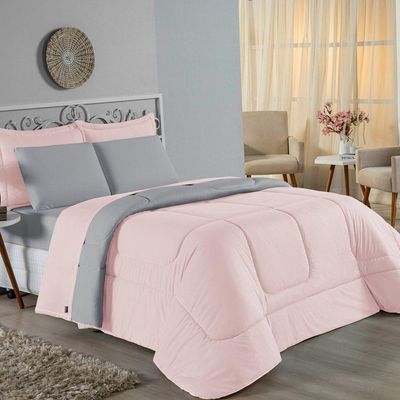 Edredom Solteiro Nobre 1 Peça Dupla Face 1,60m X 2,40m Malha 100% Algodão - Rosa / Cinza