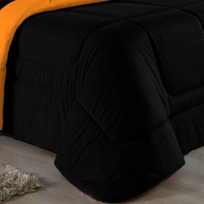 Kit Edredom Dupla Face + Jogo De Lençol Solteiro Nobre 4 Peças Malha 100% Algodão - Preto / Laranja