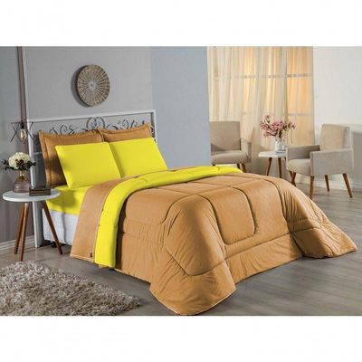 Kit Edredom Dupla Face + Jogo De Lençol Solteiro Nobre 4 Peças Malha 100% Algodão - Cobre / Amarelo