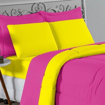 Kit Edredom Dupla Face + Jogo De Lençol Solteiro Nobre 5 Peças Malha 100% Algodão - Pink / Amarelo