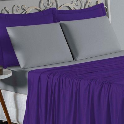 Jogo De Cama King Nobre 4 Peças Lençol Com Elástico De 30cm De Altura Malha 100% Algodão - Roxo / Cinza