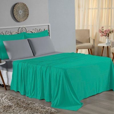 Jogo De Cama Casal Nobre 4 Peças Lençol Com Elástico De 30cm De Altura Malha 100% Algodão - Jade / Cinza