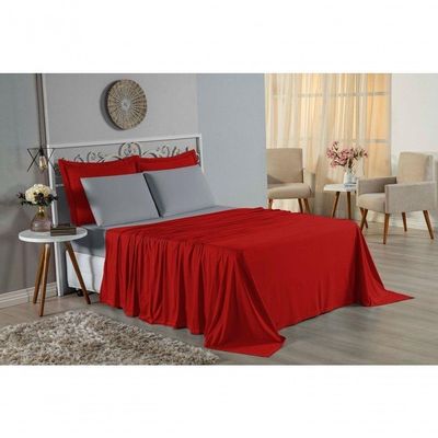 Jogo De Cama Queen Nobre 4 Peças Lençol Com Elástico De 30cm De Altura Malha 100% Algodão - Vermelho / Cinza