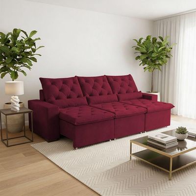 Sofá Retrátil 3l 210m Suede Luxo Com Sistema E Encosto Reclinável Milão Vermelho