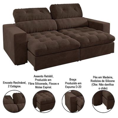 Sofá Retrátil E Reclinável 3 Lugares 200cm Suede Marrom