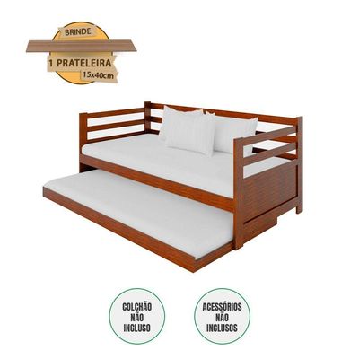 Sofá Cama Solteiro Madeira Castanho Enjoy + Prateleira Rústica - Marrom