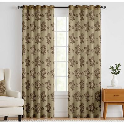 Cortinas de Algodão Extra Longas para Tetos Altos e Portas Francesas Filtrantes Passa-Varão/Abas Kit 2 Painéis Floral em Bloco - Vargottam 132,08 Cm (L) × 274,32 Cm (C) / Marrom