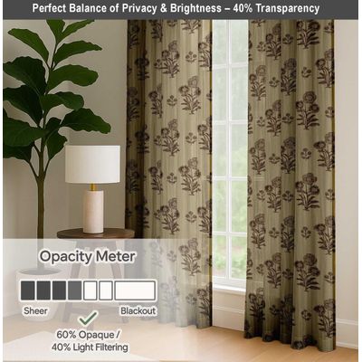 Cortinas de Algodão Extra Longas para Tetos Altos e Portas Francesas Filtrantes Passa-Varão/Abas Kit 2 Painéis Floral em Bloco - Vargottam 132,08 Cm (L) × 274,32 Cm (C) / Marrom