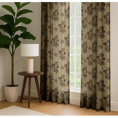 Cortinas de Algodão Extra Longas para Tetos Altos e Portas Francesas Filtrantes Passa-Varão/Abas Kit 2 Painéis Floral em Bloco - Vargottam 132,08 Cm (L) × 274,32 Cm (C) / Marrom