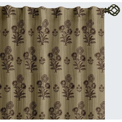 Cortinas de Algodão Extra Longas para Tetos Altos e Portas Francesas Filtrantes Passa-Varão/Abas Kit 2 Painéis Floral em Bloco - Vargottam 132,08 Cm (L) × 274,32 Cm (C) / Marrom