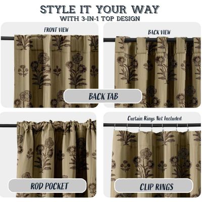 Cortinas de Algodão Extra Longas para Tetos Altos e Portas Francesas Filtrantes Passa-Varão/Abas Kit 2 Painéis Floral em Bloco - Vargottam 132,08 Cm (L) × 274,32 Cm (C) / Marrom