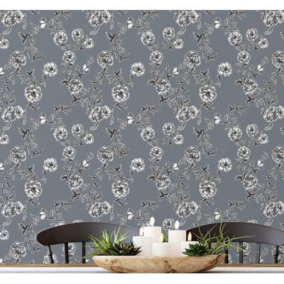 Rolo Vinílico Autoadesivo Removível e Impermeável com Estampa Flores da Meia-Noite para Paredes, Armários e Cômoda - S4sassy 63,5 cm (L) × 304,8 cm (C) / Cinza - Vinil Liso