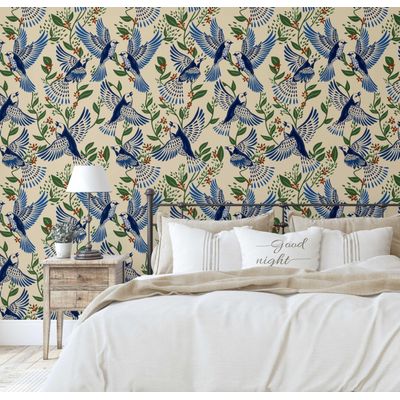 Papel Contato Vinílico Autoadesivo Removível À Prova d'Água, Pássaro Azul em Voo e Folhagem Para Paredes e Armários - S4sassy 63,5 cm (L) × 914,4 cm (C) / Azul - Vinil Texturizado