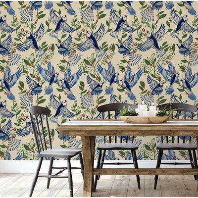 Papel Contato Vinílico Autoadesivo Removível À Prova d'Água, Pássaro Azul em Voo e Folhagem Para Paredes e Armários - S4sassy 63,5 cm (L) × 914,4 cm (C) / Azul - Vinil Texturizado
