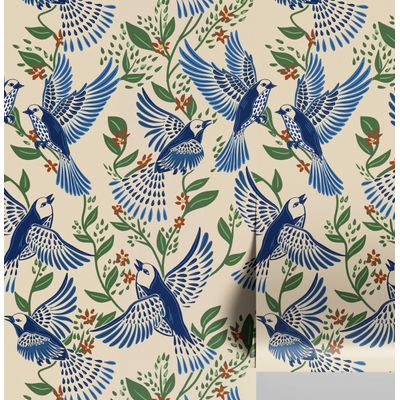 Papel Contato Vinílico Autoadesivo Removível À Prova d'Água, Pássaro Azul em Voo e Folhagem Para Paredes e Armários - S4sassy 63,5 cm (L) × 914,4 cm (C) / Azul - Vinil Texturizado