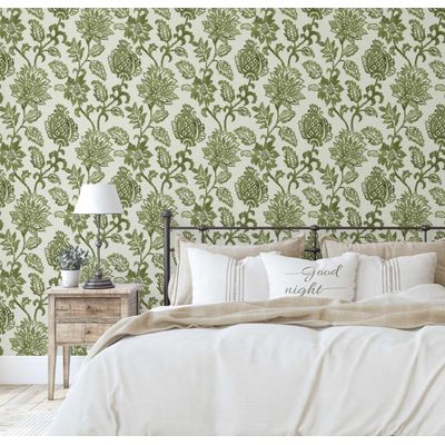 Papel de Parede Vinílico Autoadesivo Floral Vintage Verde Impermeável Removível Estilo Asiático para Quartos, Salas e Armários - S4Sassy 63,5 cm (L) × 152,4 cm (C) / Verde - Vinil Texturizado