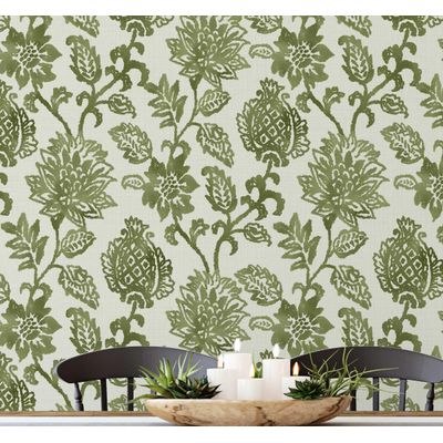 Papel de Parede Vinílico Autoadesivo Floral Vintage Verde Impermeável Removível Estilo Asiático para Quartos, Salas e Armários - S4Sassy 63,5 cm (L) × 152,4 cm (C) / Verde - Vinil Texturizado