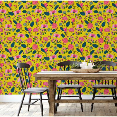 Adesivo Removível Estilo Asiático, Papel Contact Floral Amarelo, Rolo Vinílico Autoadesivo para Parede e Cômoda - S4Sassy 63,5 cm (L) × 152,4 cm (C) / Amarelo - Vinil Texturizado
