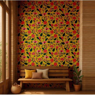 Adesivo Removível Estilo Asiático, Papel Contact Floral Amarelo, Rolo Vinílico Autoadesivo para Parede e Cômoda - S4Sassy 63,5 cm (L) × 152,4 cm (C) / Amarelo - Vinil Texturizado