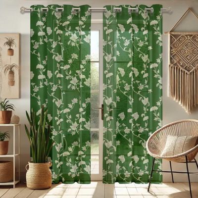 Cortinas Extra-Longas de Georgette Translúcidas com Estampa Floral Verde para Janelas/Portas Altas 2 Painéis Topo com Ilhós - Vargottam 132,08 Cm (L) × 228,6 Cm (C) / Verde