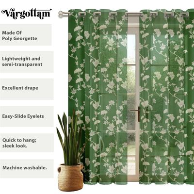 Cortinas Extra-Longas de Georgette Translúcidas com Estampa Floral Verde para Janelas/Portas Altas 2 Painéis Topo com Ilhós - Vargottam 132,08 Cm (L) × 228,6 Cm (C) / Verde