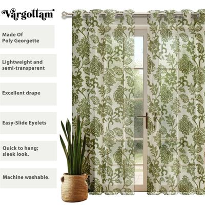 Cortinas Translúcidas Extra-Longas para Janelas/Portas de Pé-Direito Duplo, Conj. 2 Painéis com Ilhós, Georgette Estampadas - Vargottam 132,08 Cm (L) × 228,6 Cm (C) / Verde