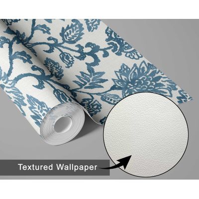 Papel de Parede Vinílico Autoadesivo Estampa Floral Vintage Azul Impermeável Removível Asiático para Quartos, Salas, Armários - S4Sassy 63,5 cm (L) × 609,6 cm (C) / Azul - Vinil Texturizado