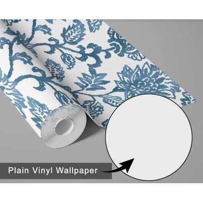 Papel de Parede Vinílico Autoadesivo Estampa Floral Vintage Azul Impermeável Removível Asiático para Quartos, Salas, Armários - S4Sassy 63,5 cm (L) × 609,6 cm (C) / Azul - Vinil Texturizado