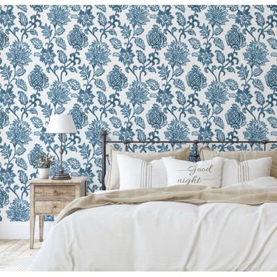 Papel de Parede Vinílico Autoadesivo Estampa Floral Vintage Azul Impermeável Removível Asiático para Quartos, Salas, Armários - S4Sassy 63,5 cm (L) × 609,6 cm (C) / Azul - Vinil Texturizado