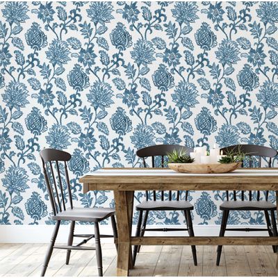 Papel de Parede Vinílico Autoadesivo Estampa Floral Vintage Azul Impermeável Removível Asiático para Quartos, Salas, Armários - S4Sassy 63,5 cm (L) × 609,6 cm (C) / Azul - Vinil Texturizado