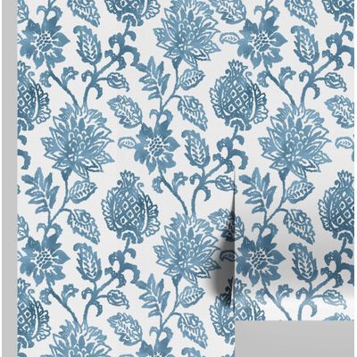 Papel de Parede Vinílico Autoadesivo Estampa Floral Vintage Azul Impermeável Removível Asiático para Quartos, Salas, Armários - S4Sassy 63,5 cm (L) × 609,6 cm (C) / Azul - Vinil Texturizado