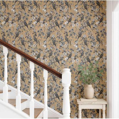 Papel de Parede Vinílico Autoadesivo Aves Exóticas Chiques, Impermeável Bege Removível para Quartos, Espaços Alugados e Armários - S4Sassy 63,5 cm (L) × 152,4 cm (C) / Marrom - Vinil Liso