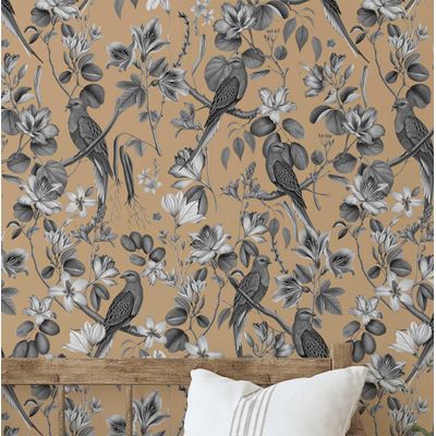 Papel de Parede Vinílico Autoadesivo Aves Exóticas Chiques, Impermeável Bege Removível para Quartos, Espaços Alugados e Armários - S4Sassy 63,5 cm (L) × 152,4 cm (C) / Marrom - Vinil Liso