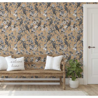 Papel de Parede Vinílico Autoadesivo Aves Exóticas Chiques, Impermeável Bege Removível para Quartos, Espaços Alugados e Armários - S4Sassy 63,5 cm (L) × 152,4 cm (C) / Marrom - Vinil Liso