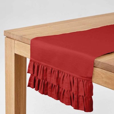 Caminho de Mesa Vermelho Liso em Algodão Slub Lavável com Babado Duplo para Mesa de Jantar - Vargottam 35,56 Cm (L) × 274,32 Cm (C) / Vermelho