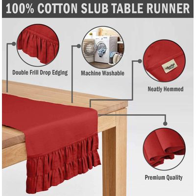 Caminho de Mesa Vermelho Liso em Algodão Slub Lavável com Babado Duplo para Mesa de Jantar - Vargottam 35,56 Cm (L) × 274,32 Cm (C) / Vermelho