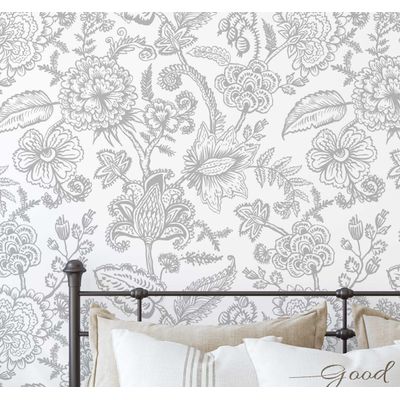 Papel de Parede Vinílico Autoadesivo Floral Esboçado Impermeável e Removível, Estilo Asiático, Quartos, Sala, Armários, Inquilinos - S4Sassy 63,5 cm (L) × 152,4 cm (C) / Cinza - Vinil Liso