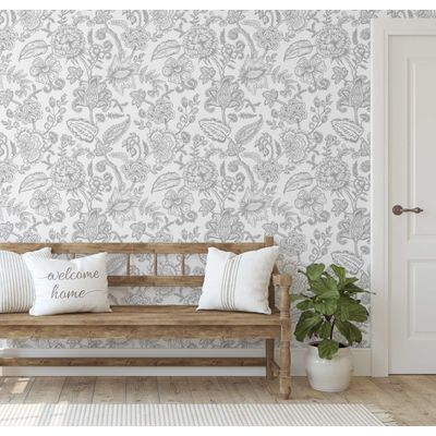 Papel de Parede Vinílico Autoadesivo Floral Esboçado Impermeável e Removível, Estilo Asiático, Quartos, Sala, Armários, Inquilinos - S4Sassy 63,5 cm (L) × 152,4 cm (C) / Cinza - Vinil Liso